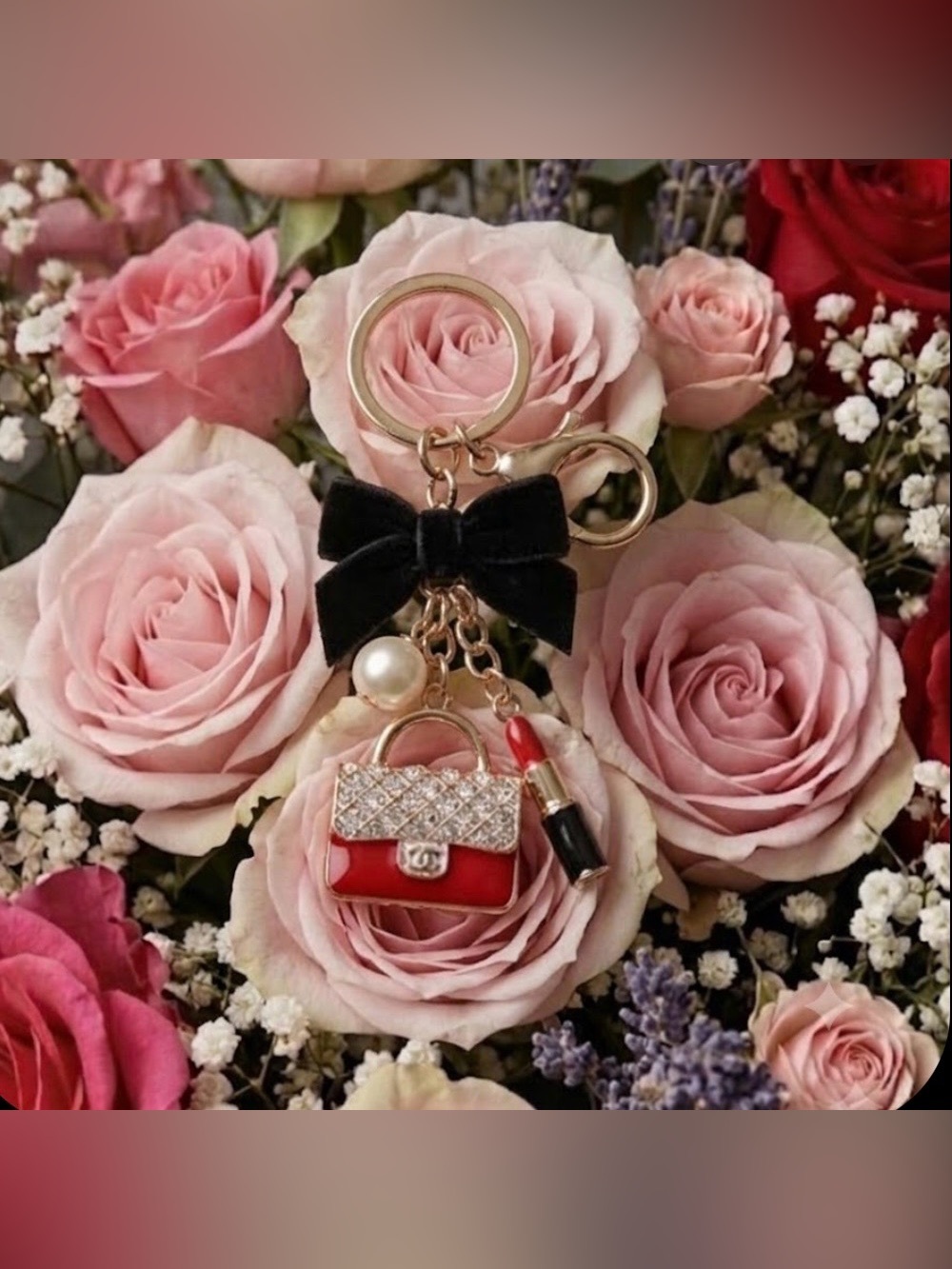 Gold-Tone Bow & Red Handbag Charm Keychain with Pearl Accent